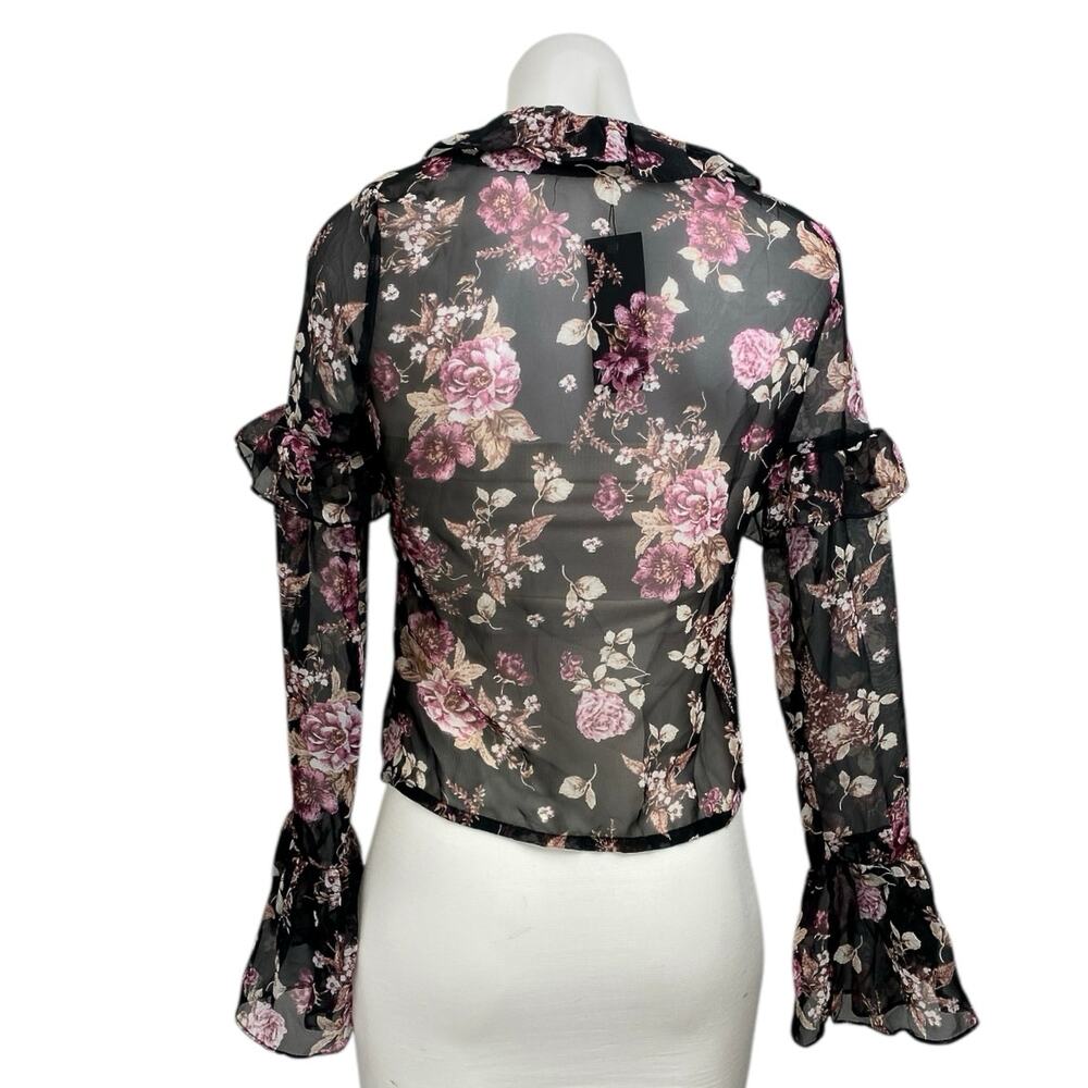 NEW Nasty Gal Black Floral Long Bell Sleeve Sheer Mesh V Neck Blouse Top Size 0 - Picture 5 of 7
